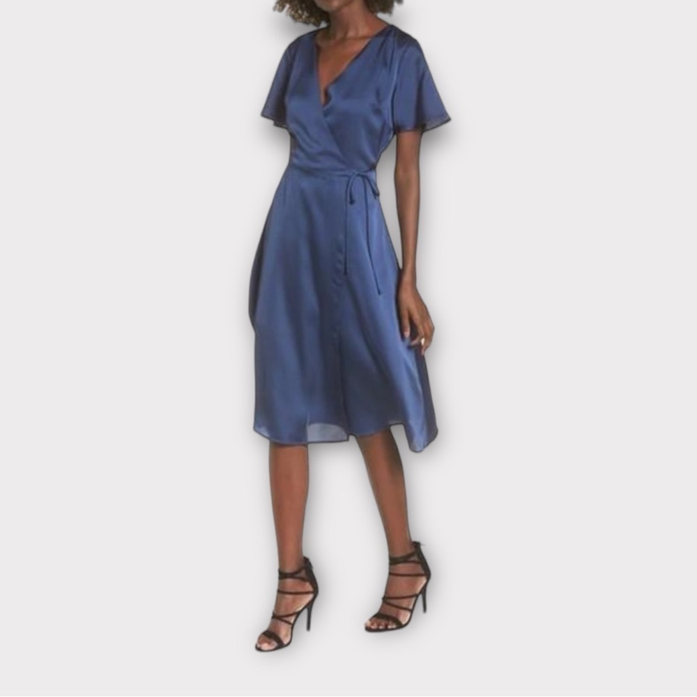 J.O.A. Shiny Satin Navy Blue Wrap Dress Size Small
